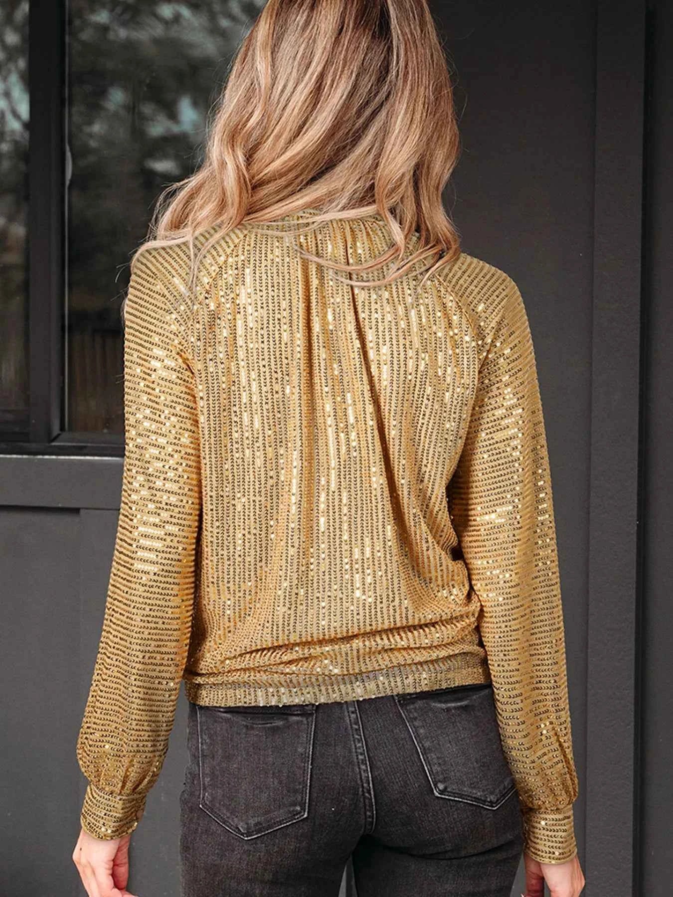 Metallic Balloon Sleeve Buttoned High Neck Loose Blouse 0c06f6ceec824f3f9fd20908a669d38e-Max-Origin