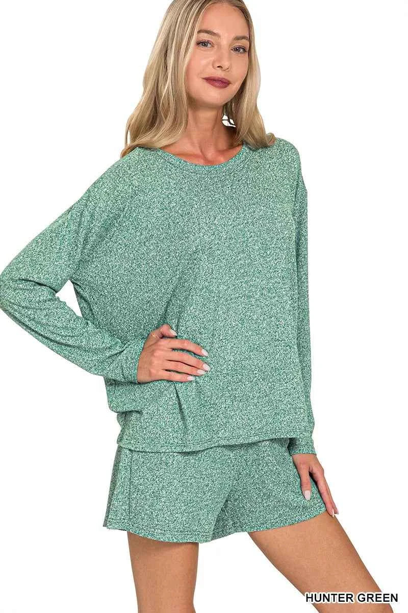 Zenana Soft Melange Long Sleeve Tee and Shorts Set HUNTER GREEN 0c0d2965605c4907bd350a3a20fdf89f-Max-Origin