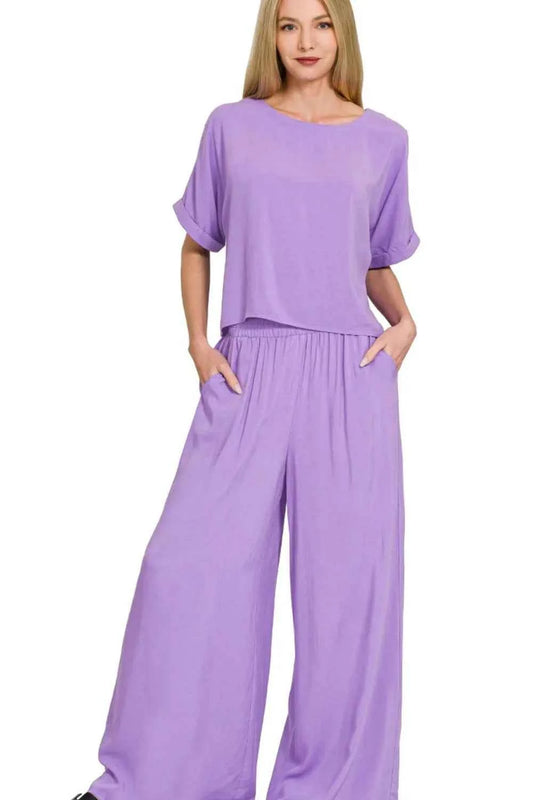 Zenana Round Neck T-Shirt and Wide Leg Pants Set LAVENDER 0c114ff8-8c80-44d1-b9de-95b219c79113-Max-Origin