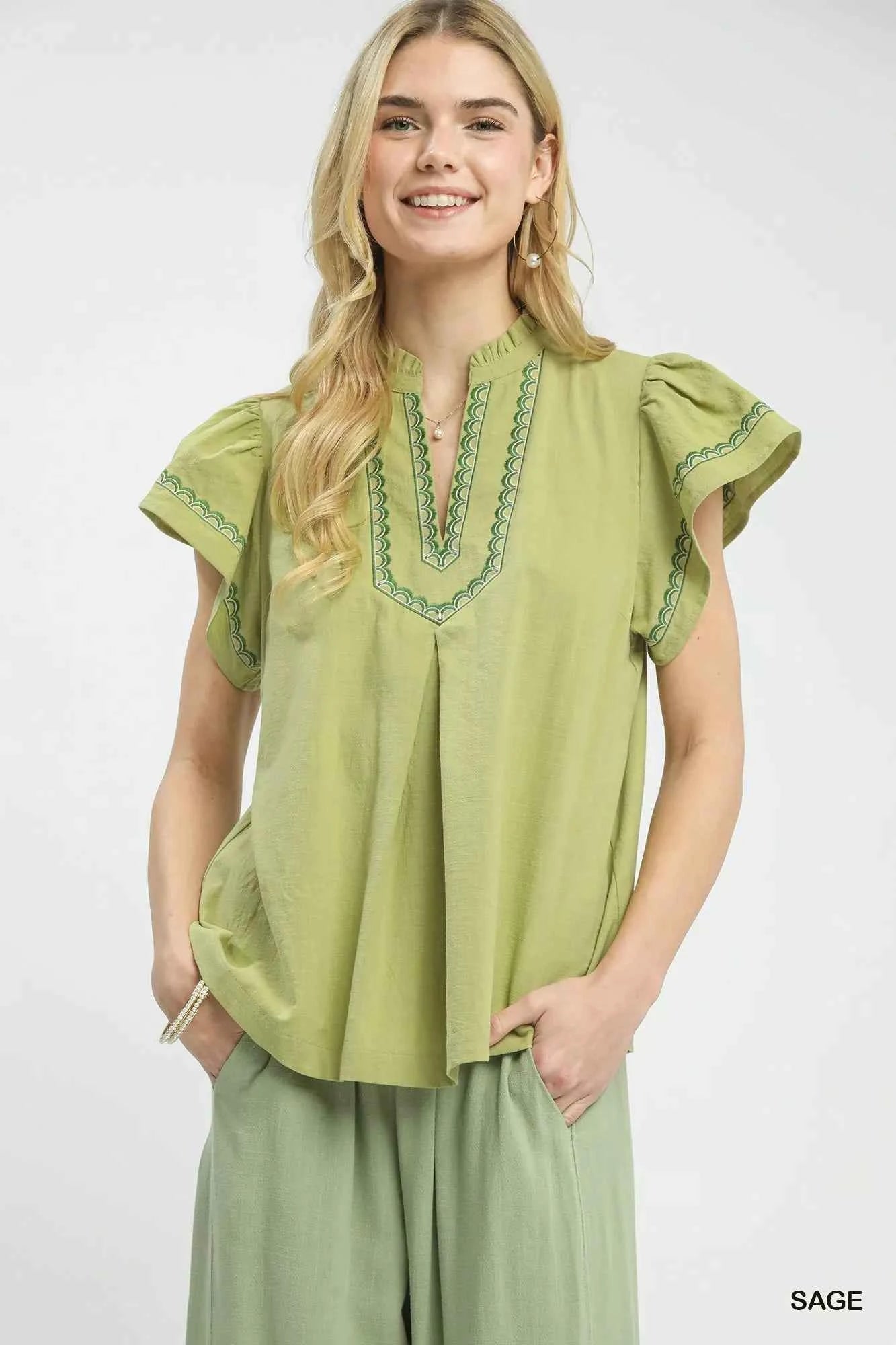 Umgee Embroidered Flutter Sleeve Blouse SAGE 0c11d08d-f07d-403a-b587-7f94420708e1-Max-Origin