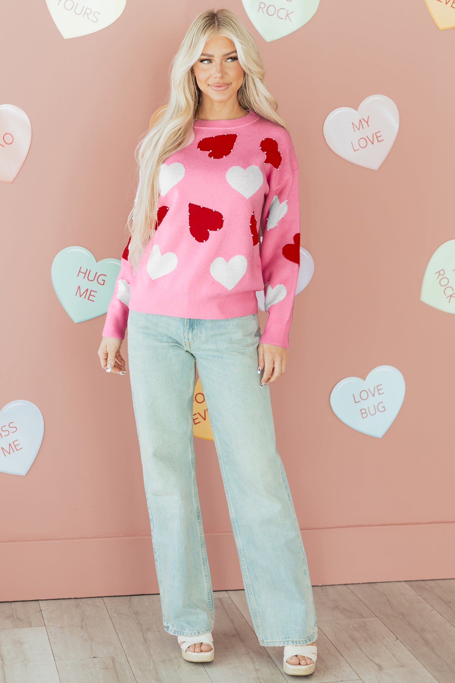 Pink Pearl Embellished Heart Pattern Valentines Day Sweater 0c163c0a8972bc7c