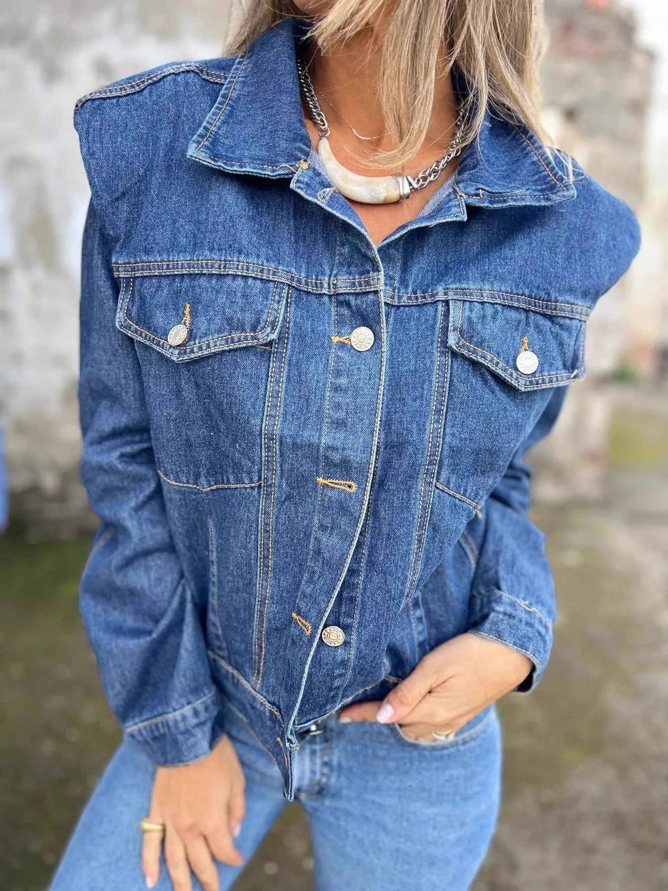 Plus Size Button Up Chest Pockets Denim Jacket Denim Blue 0c18c56f49f140ad9a1d45cb527ab9cb-Max-Origin