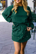 Dark Green Pearl Embellished Drop Shoulder Pullover Elastic Waist Mini Skirt Set Dark Green 65%Polyester+35%Cotton 0c18ff375cf11bb3
