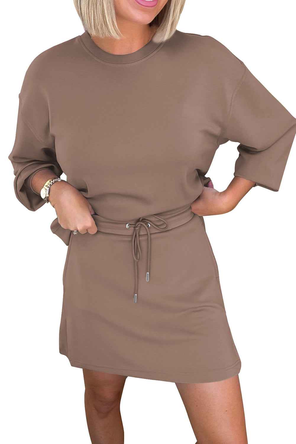 Coffee Solid Color Drop Shoulder Pullover Drawstring Mini Skirt Set 0c193532bc4d46a2