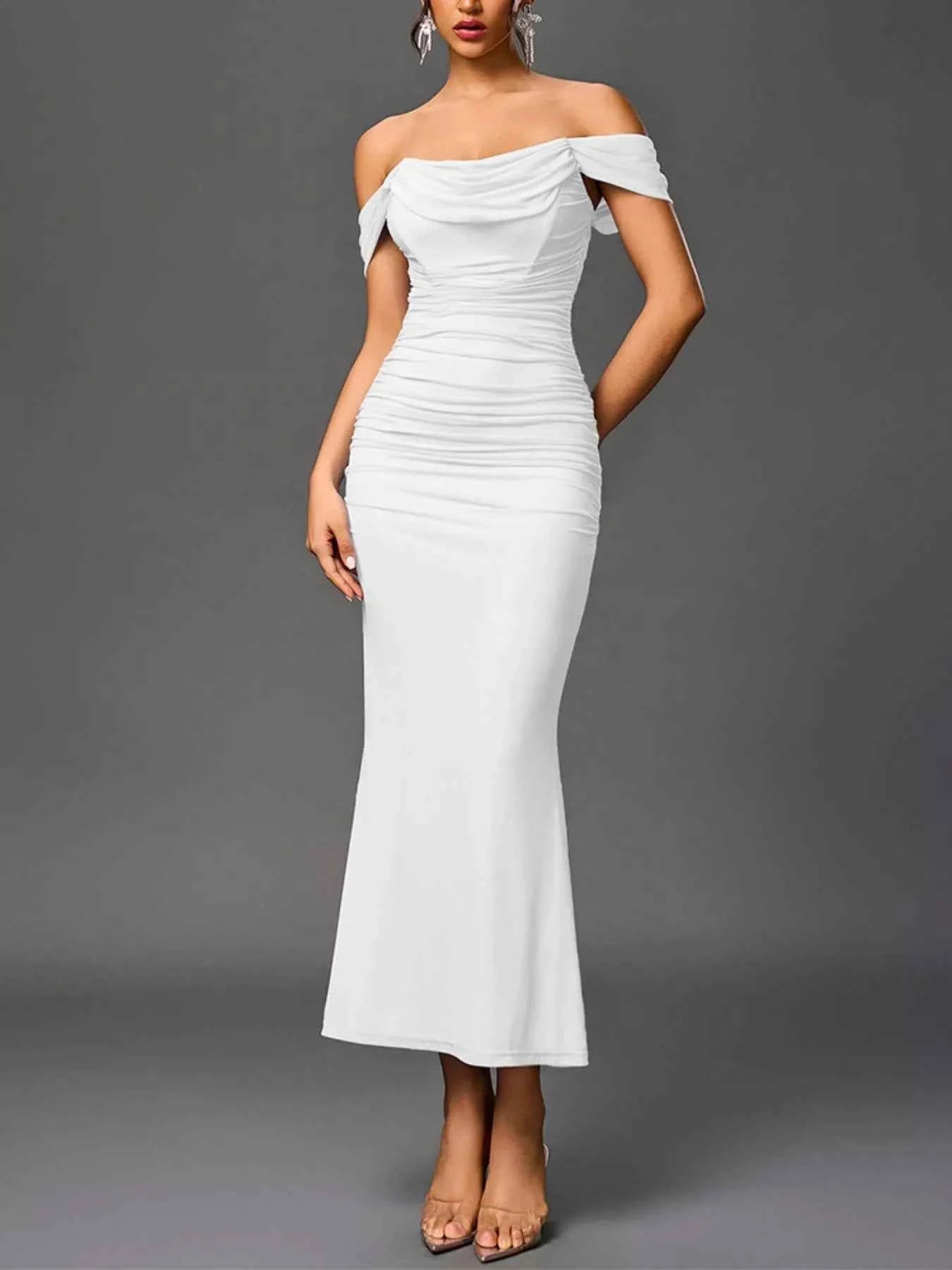 Off-Shoulder Ruched Mermaid Maxi Dress White 0c20f859-1a25-4f8a-aa2a-68119a61fa7a-Max-Origin