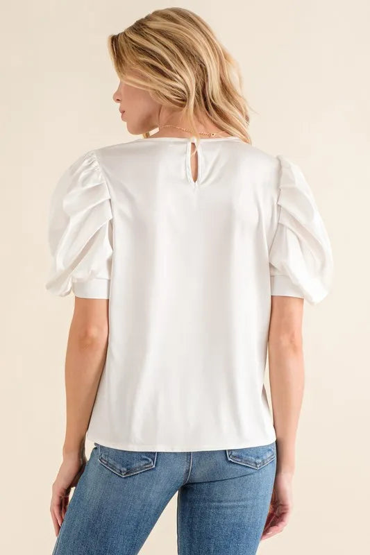 Plain Satin Puff Sleeve Shirring V-Neck Blouse Top 0c23dabd88a447239ecb282309620597-Max-Origin