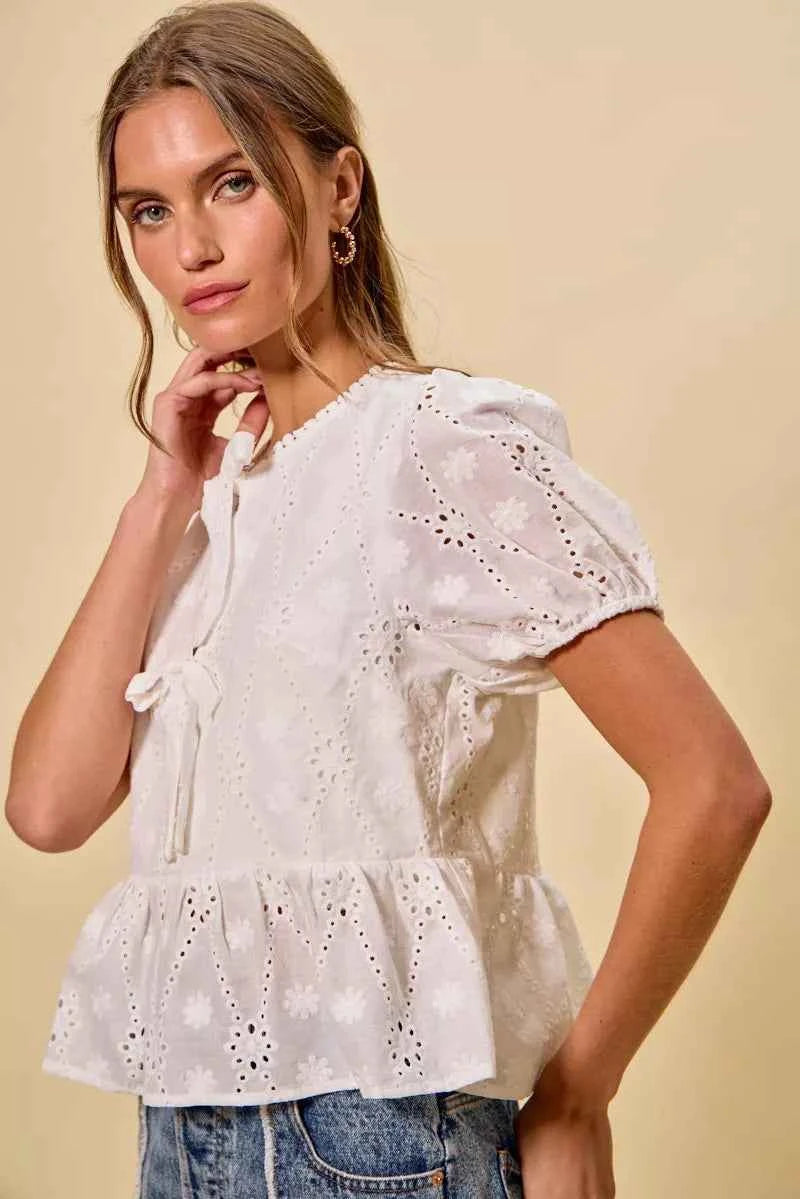 SO ME Cotton Eyelet Front Tie Short Sleeves Blouse 0c2b7ce6e0aa438f83c96a4f374f3b14-Max-Origin