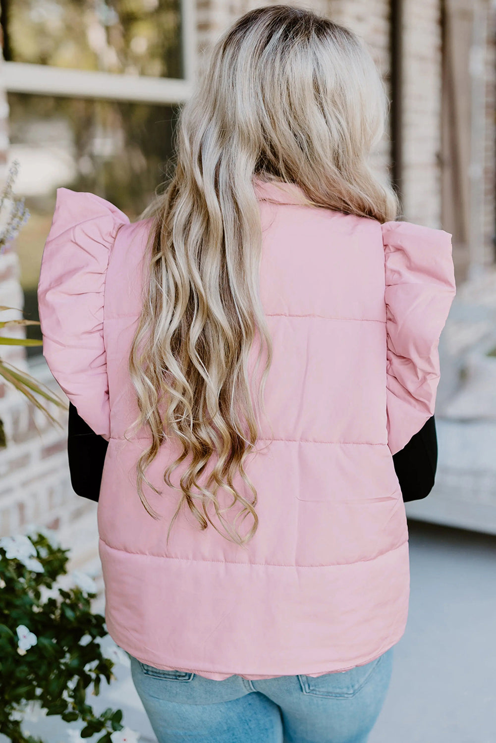 Pink Stand Neck Flutter Sleeve Snap Button Puffer Vest 0c3413fef03bb9b0