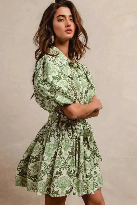 Tied Floral Short Sleeve Mini Shirt Dress 0c344c880bb0455bac3935635da3b02c-Max-Origin