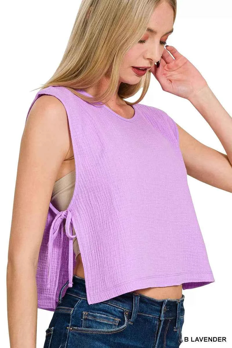 Zenana Double Gauze Side Tie Sleeveless Top 0c3474f3ed2d4359a1cd2c45ee443fac-Max-Origin