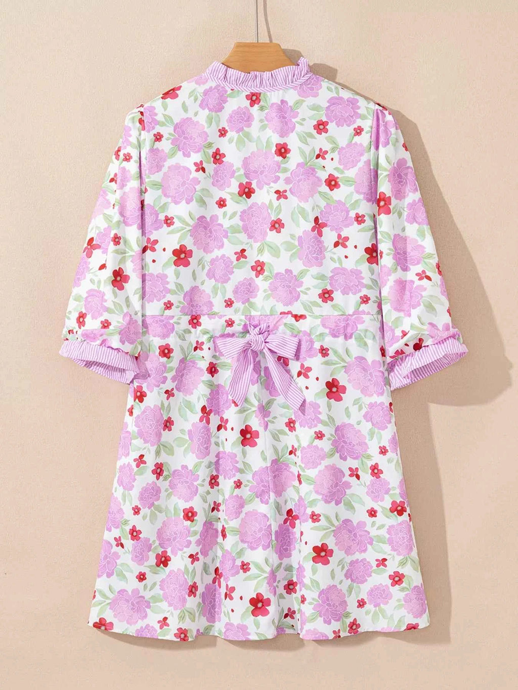 Floral Print Striped Trim Frilled Neck 3/4 Sleeve Flared Mini Dress 0c367be05692421bba4d74278f8d1c2f-Max-Origin