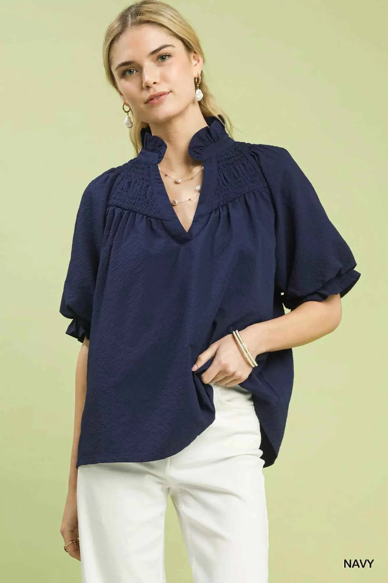 Umgee Textured Smocked Yoke Split-Neck Top Navy 0c36f86a-a9a9-471e-a934-25332ead39d1-Max-Origin