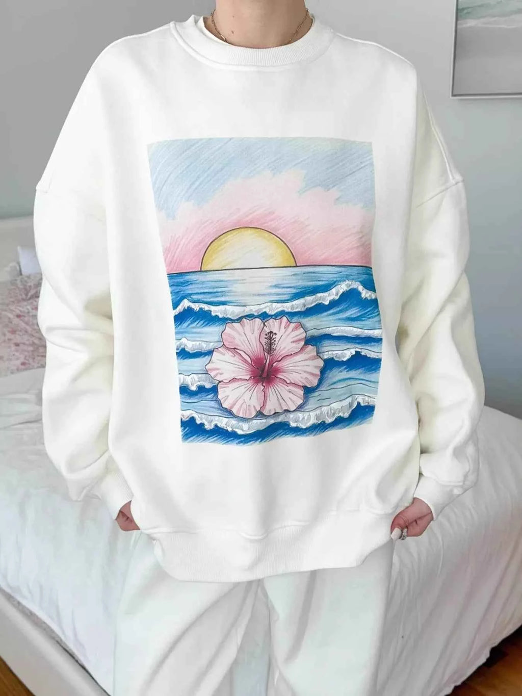 Graphic Round Neck Drop Shoulder Sweatshirt White 0c3e5b81e2874f55859236799fa691de-Max-Origin