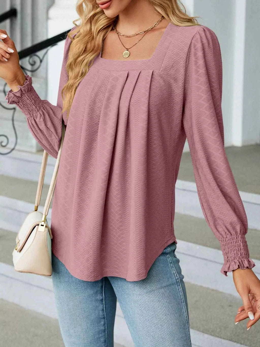 Pleated Square Neck Long Sleeve Top 0c43ea65-c87c-4d3b-8175-df6b855b3c69-Max-Origin