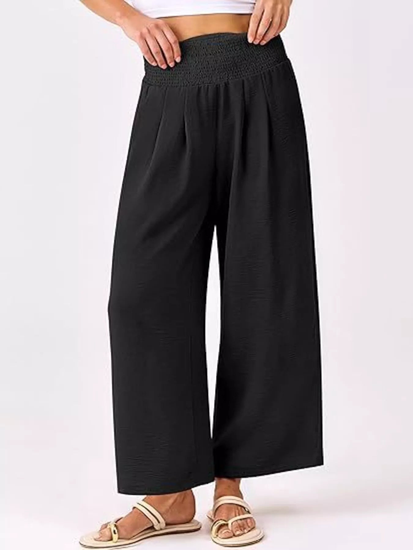 Wide Leg Smocked High Waist Pants Black 0c47e17c7b8a4d379fe23f2ecf4b58ca-Max-Origin