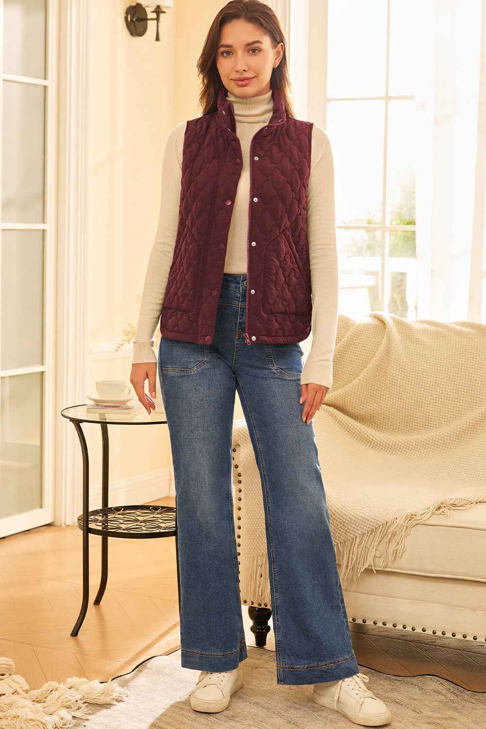 Dark Brown Flower Shape Quilted Snap Button Zip Up Winter Vest 0c47eecb26b599da