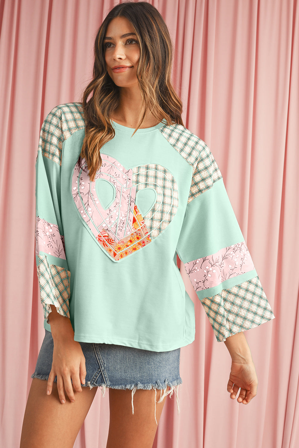 Aqua Plaid Floral Patchwork Heart Long Sleeve Top 0c4d8c00ac8ac5cf