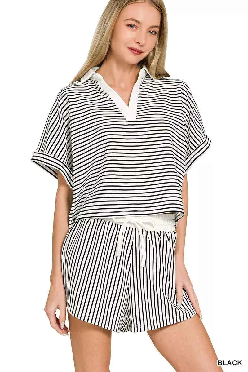 Zenana Striped Collared Top & Shorts Set BLACK 0c50e8933a254d0eb4b17771c6cb1c28-Max-Origin