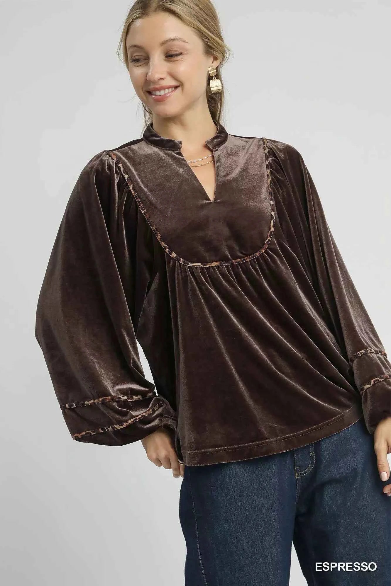 Umgee Velvet Long Sleeve Blouse with Contrast Trim ESPRESSO 0c51df34-d9bd-4e01-bfd2-495402881a69-Max-Origin