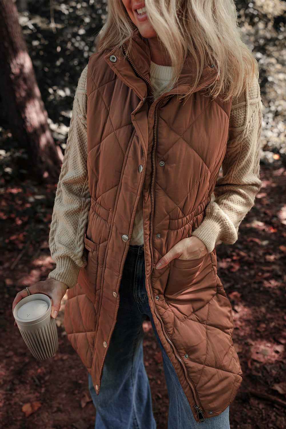 Coffee Puffer Quilted Stand Collar Pocketed Vest Coat Coffee 100%Polyester 0c55674340d7d48d