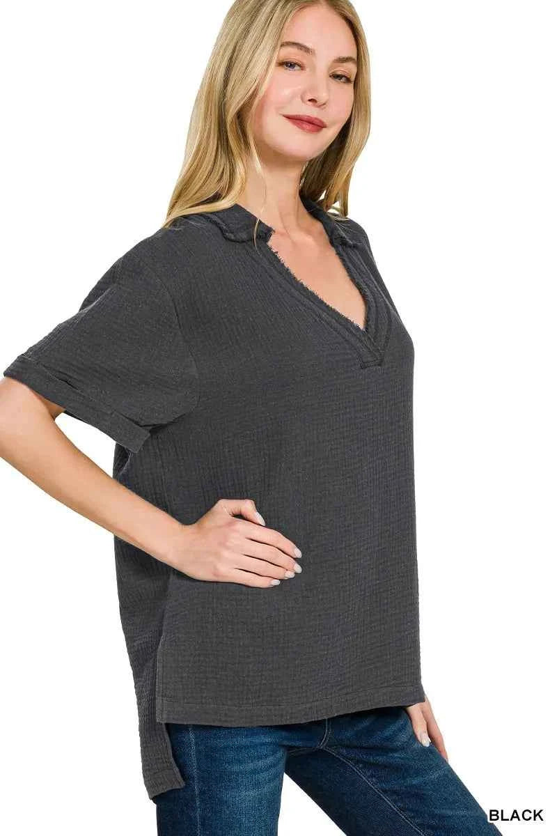 Zenana Double Gauze Short Sleeve High-Low Top 0c561416d4c649e194ed304bb53c01fa-Max-Origin