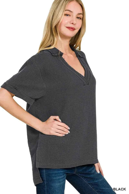 Zenana Double Gauze Short Sleeve High-Low Top 0c561416d4c649e194ed304bb53c01fa-Max-Origin