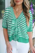 Green Stripe Short Sleeve Knit V Neck Bow Knot Sweater Green Stripe 60%Cotton+40%Acrylic 0c567993080494b4