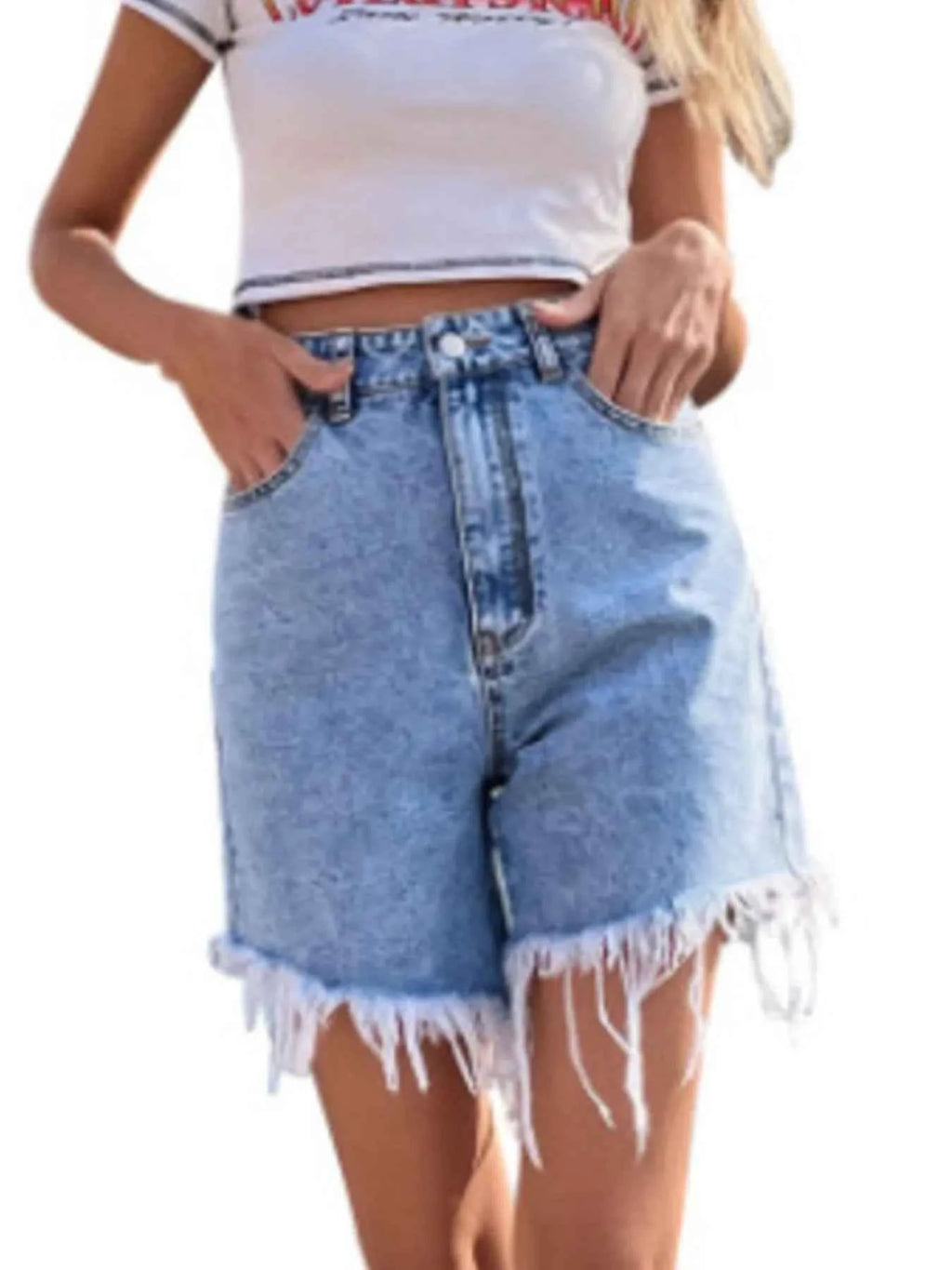 High Waisted Frayed Hem Denim Shorts 0c59dde6-d694-4dda-9b4a-e5e8f3112c5b-Max-Origin