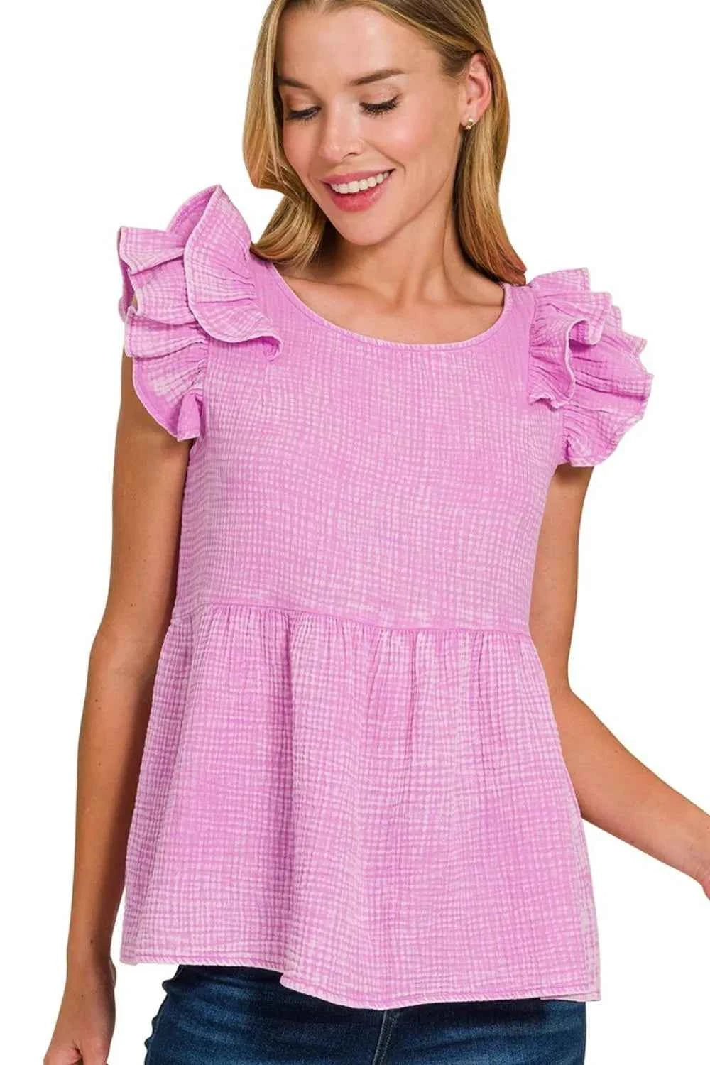 Zenana Double Gauze Acid Washed Tiered Ruffle Peplum Top MAUVE 0c5df2a2-bd1a-4fed-9dff-4075cd0fb797-Max-Origin