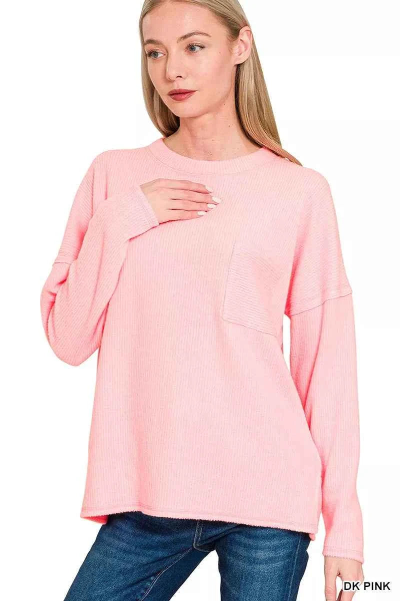 Zenana Ribbed Brushed Melange Hacci Sweater with Chest Pocket DK PINK 0c5f78892348445cae2c33a7552faf86-Max-Origin