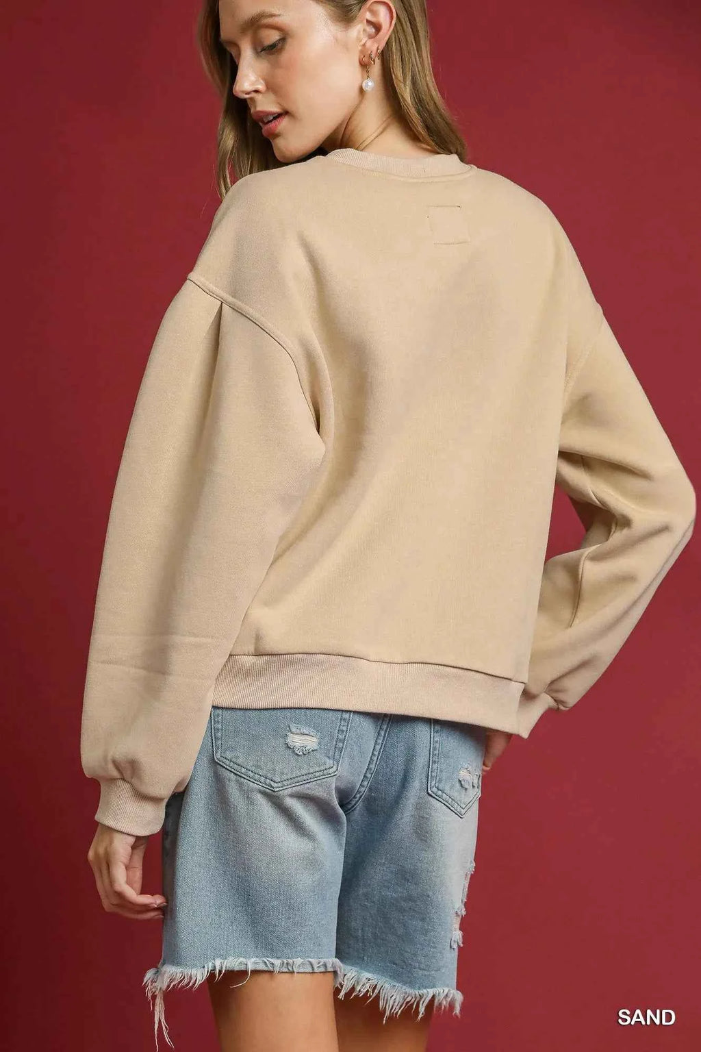 Umgee Round Neck Sweatshirt with Pleated Detail 0c5ff152-7ebf-44b4-ae4b-217564347a40-Max-Origin