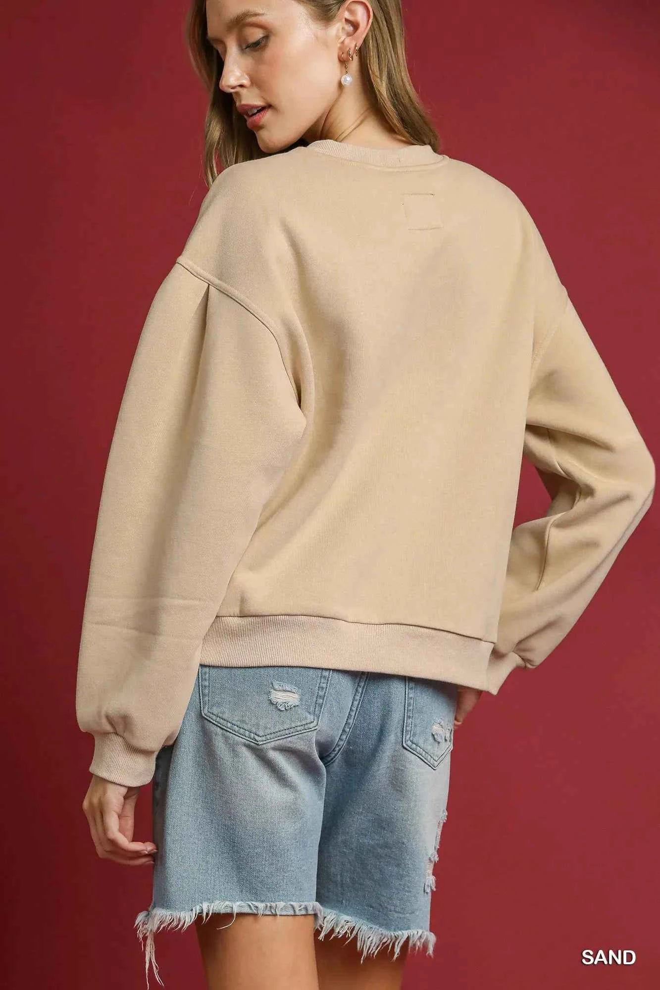 Umgee Round Neck Sweatshirt with Pleated Detail 0c5ff152-7ebf-44b4-ae4b-217564347a40-Max-Origin