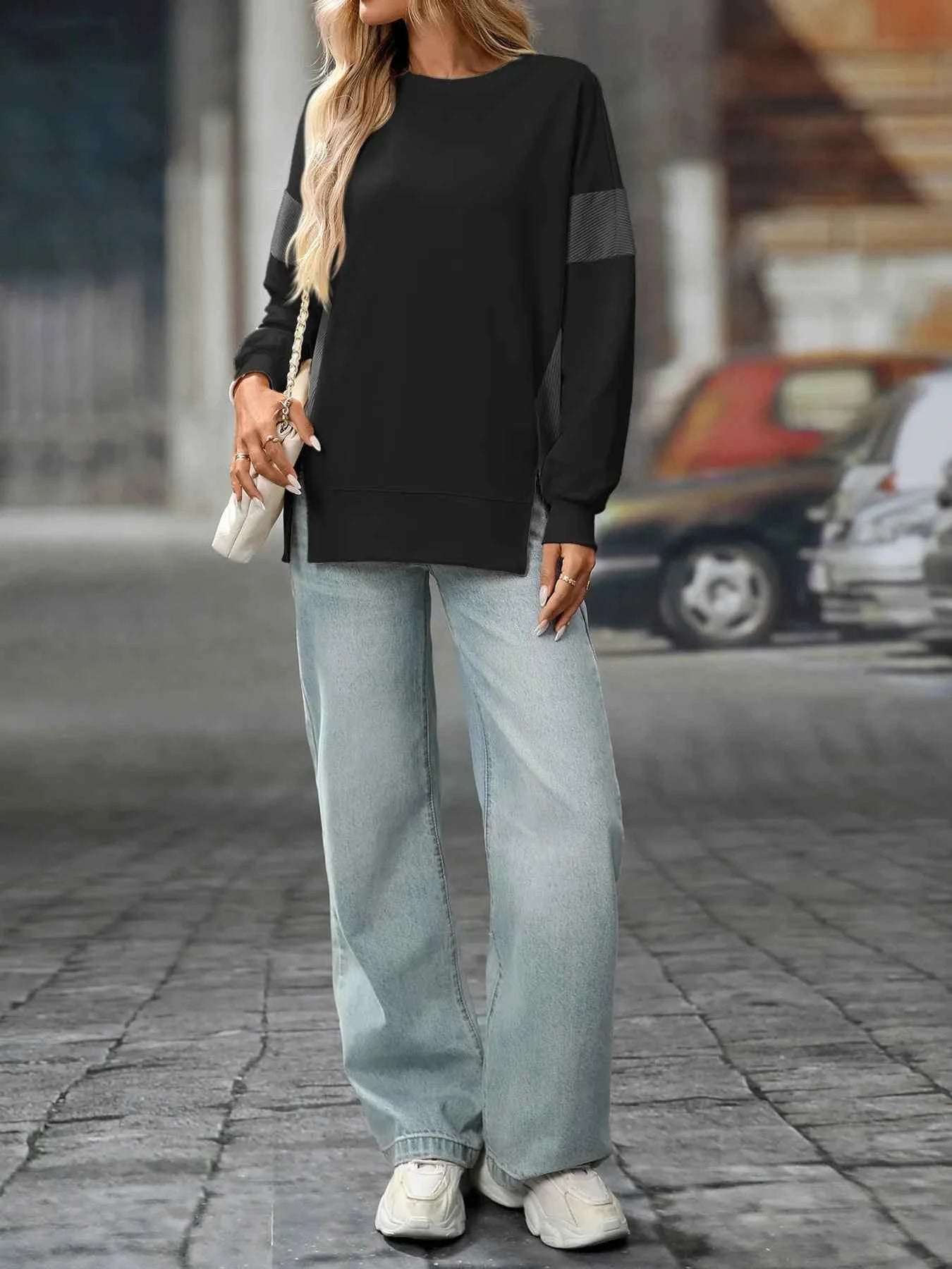 Slit Round Neck Long Sleeve Sweatshirt 0c63955479ac44c9aaf3b4db812fbde1-Max-Origin