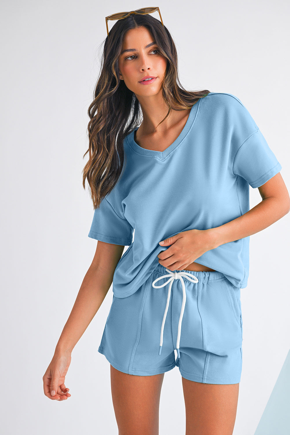 Mint Green V Neck Drop Shoulder Tee and Patchwork Shorts Set 0c63a180b68f7079