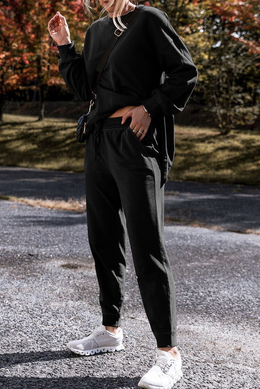 Black Solid Color High Low Pullover and Skinny Pants Set 0c69faf462c8a98b