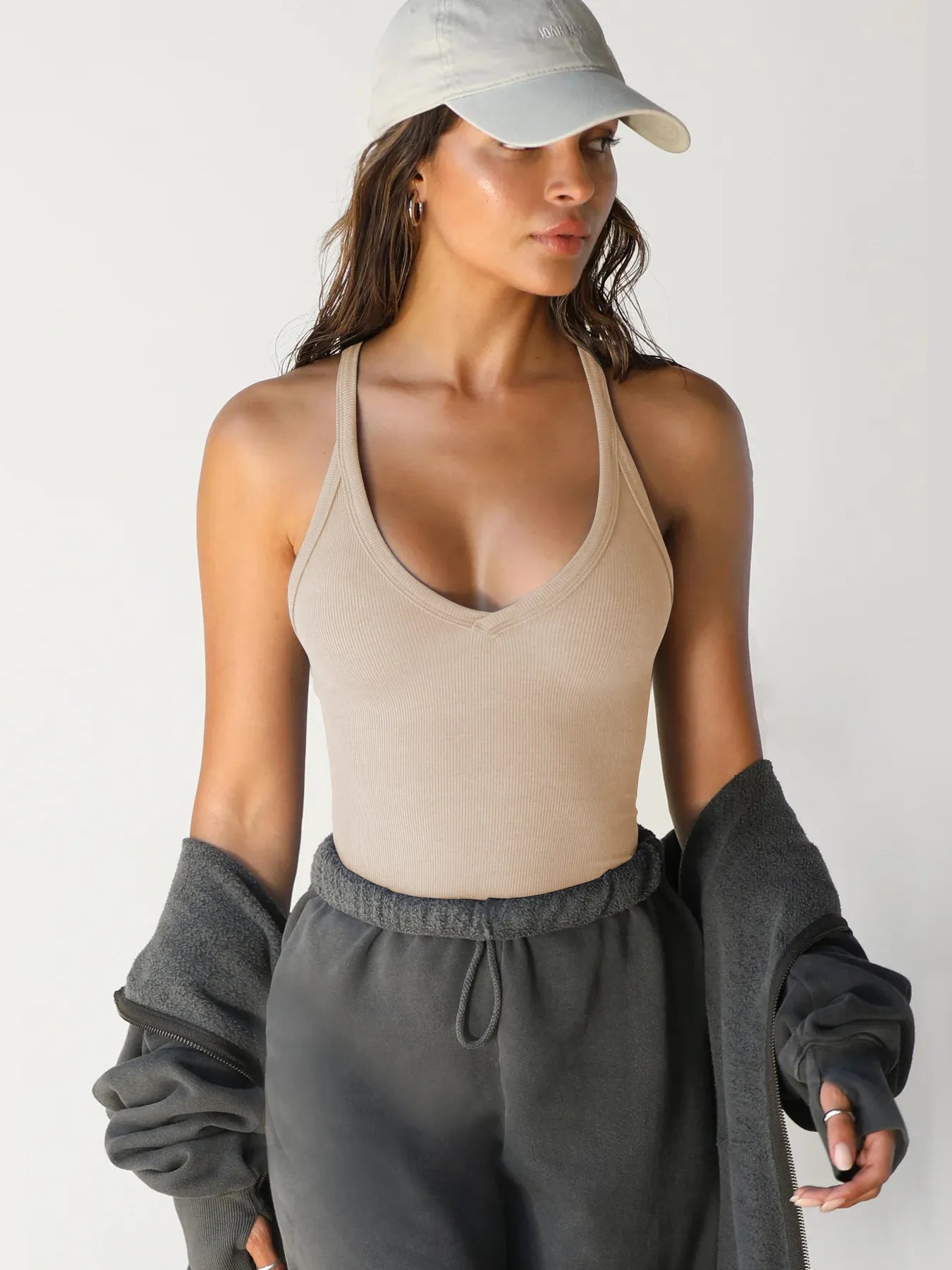 Ribbed V-Neck Halter Tank Top Dust Storm 0c6d52c59f9d493aa4adcb6501af60cd-Max-Origin