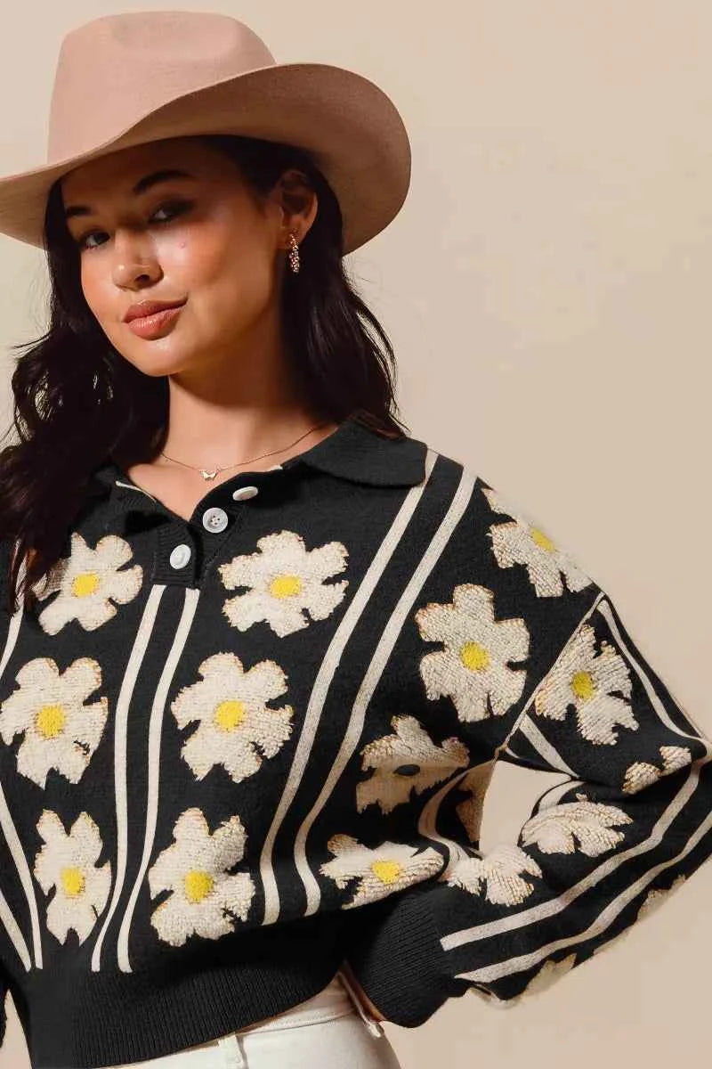 Floral Stripe Polo Collar Sweater BLACK IVORY 0c75795f403c4fffb3fa1ca351a23ae3-Max-Origin