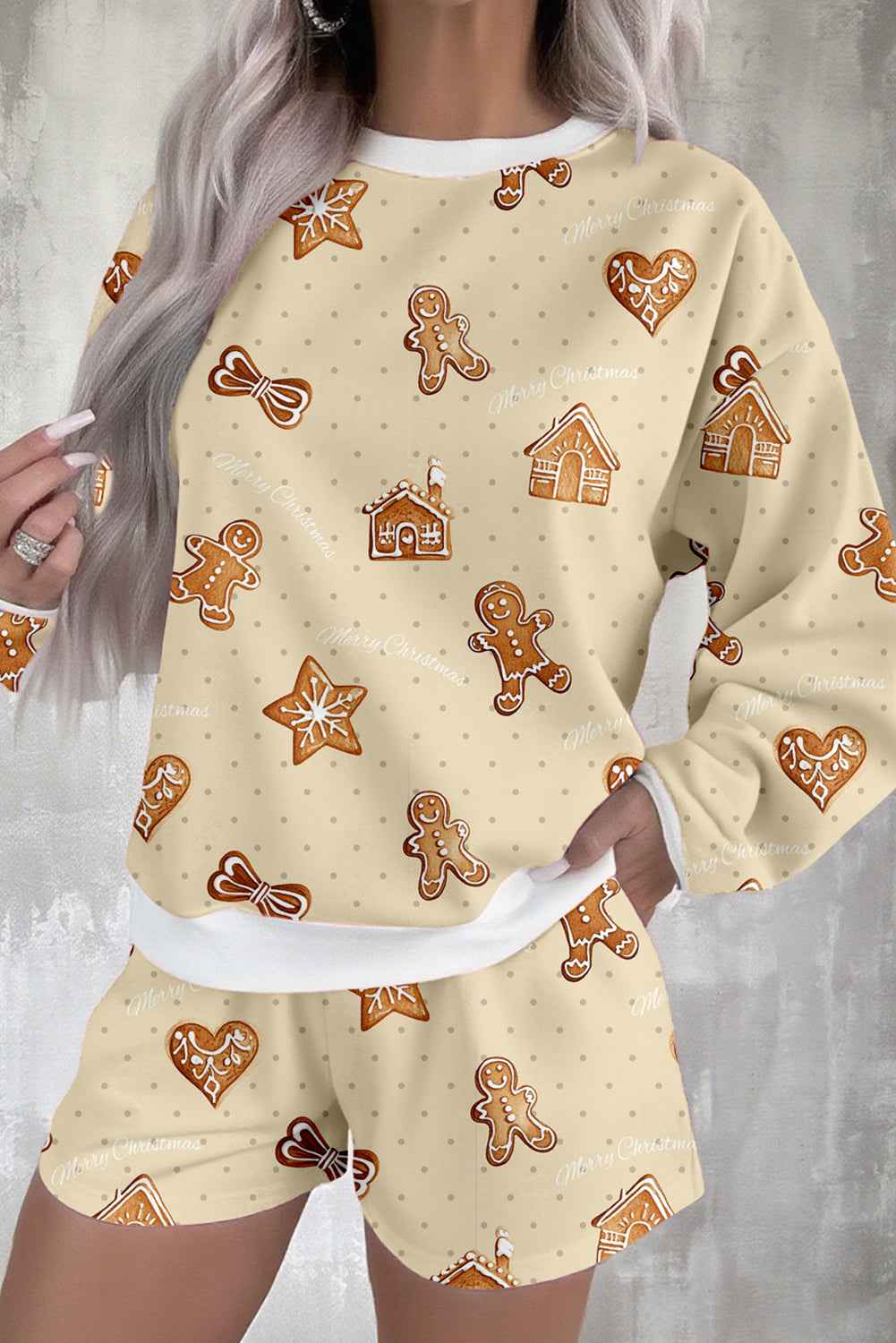 Beige Christmas Gingerbread Print Long Sleeve Pullover Shorts Holiday Pajama Set Beige 95%Polyester+5%Elastane 0c78427c04c257ac