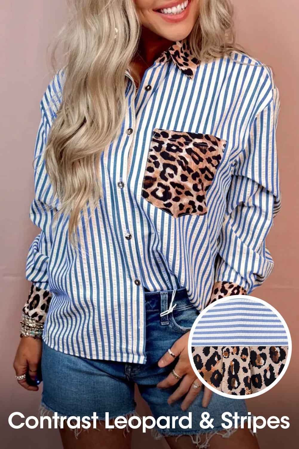 Sky Blue Leopard and Striped Patchwork Button Shirt Sky Blue 100%Polyester 0c7869bb5c646306
