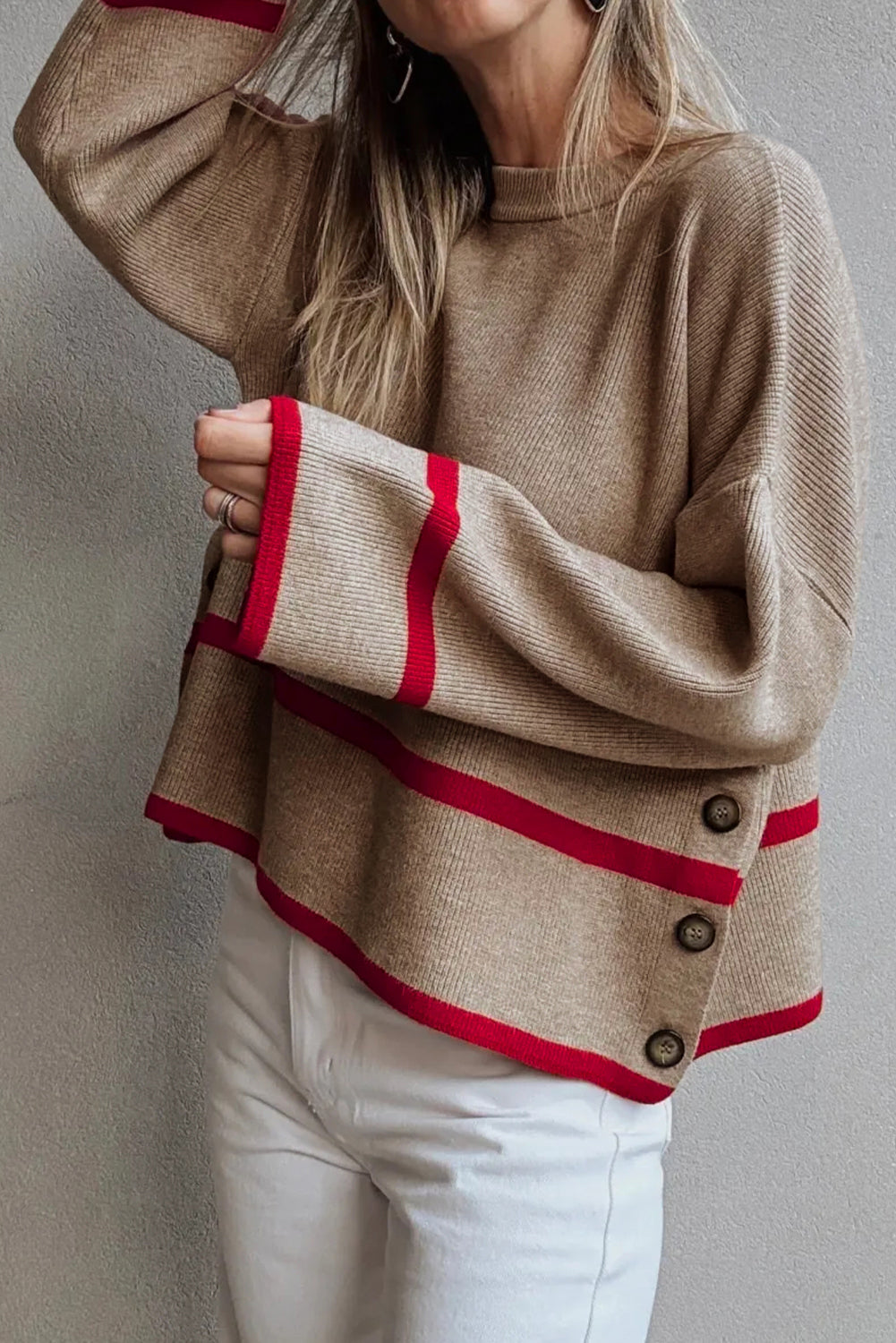 Beige Ribbed Knit Contrasted Stripe Detail Button Side Loose Sweater Simply Taupe 52%Viscose+26%Polyester+22%Polyamide 0c7c343857d2ed75