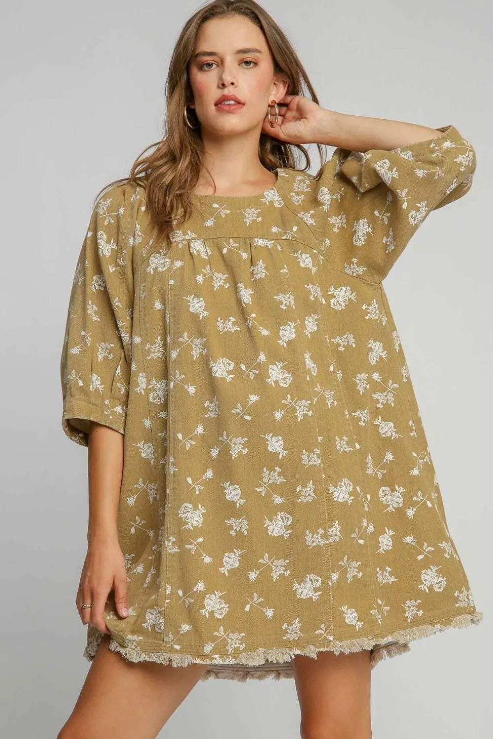 Umgee Raw Hem Floral Print Round Neck Denim Dress Mocha 0c7d2173-1e85-49f3-9ac6-03dcaab2815f-Max