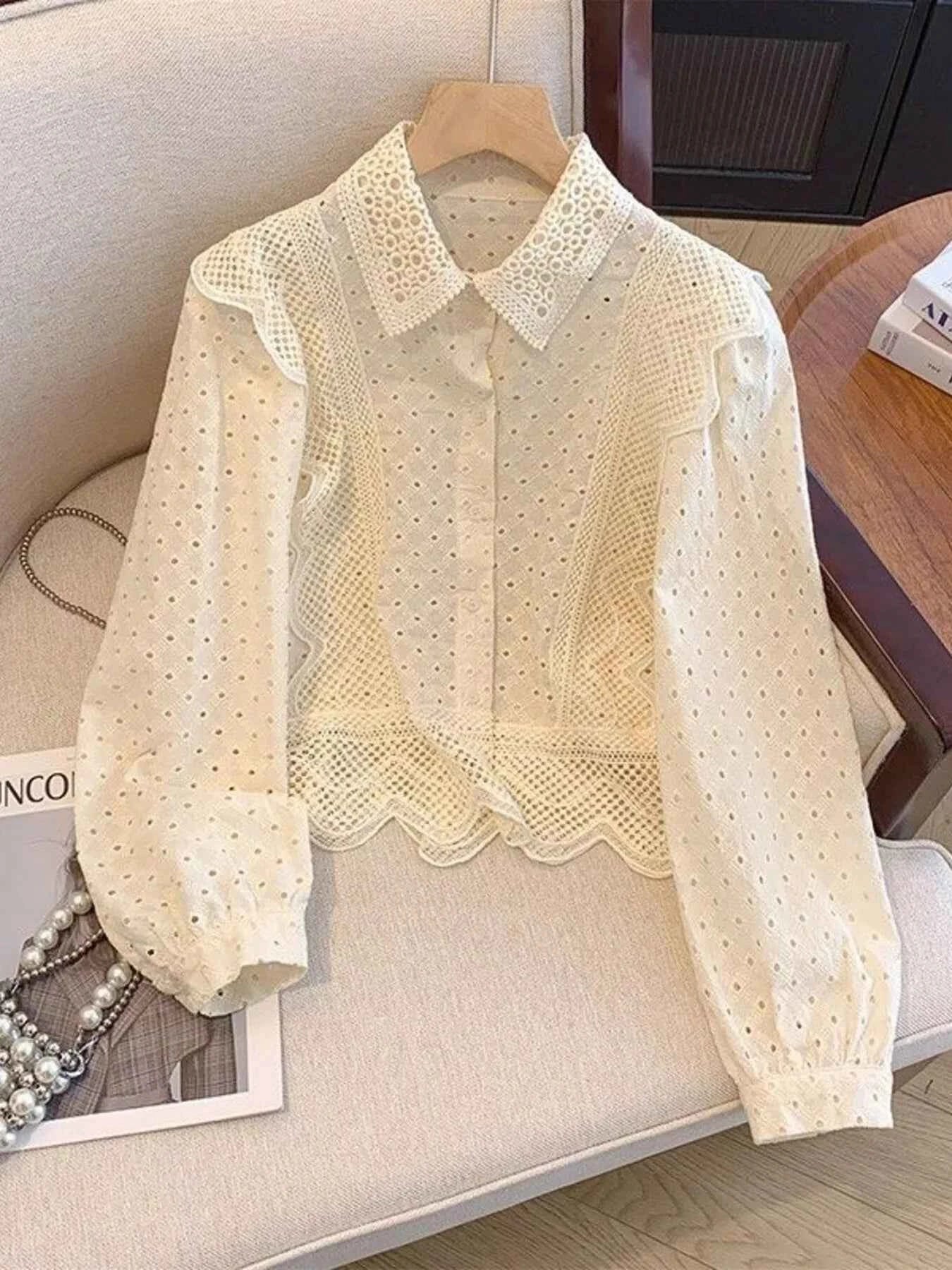 Eyelet Button-Up Shirt with Scalloped Hem Apricot 0c7e7113d1674daabd46e4815d76c16e-Max-Origin