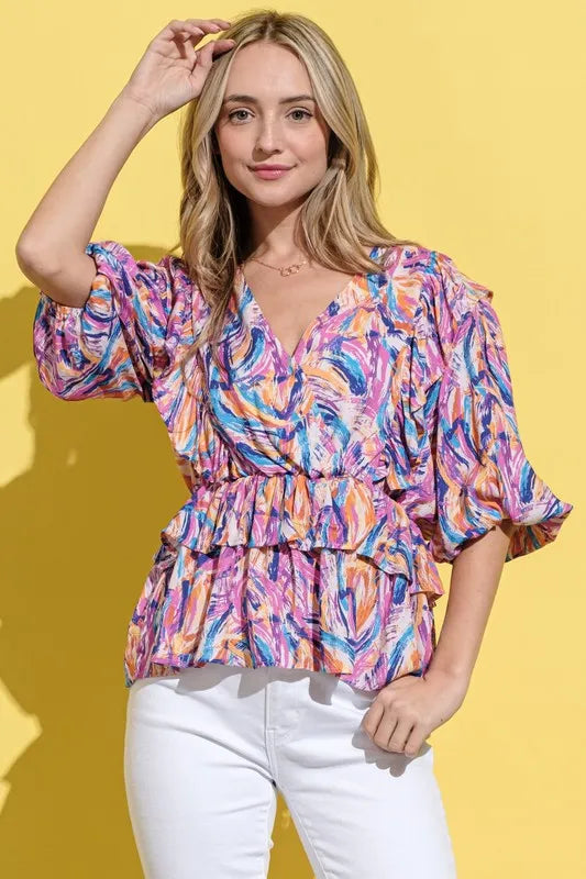 Printed Ruffled Peplum Lantern Sleeve Blouse - 100% Polyester 0c819317832b4b4393035bfabb570f60-Max-Origin