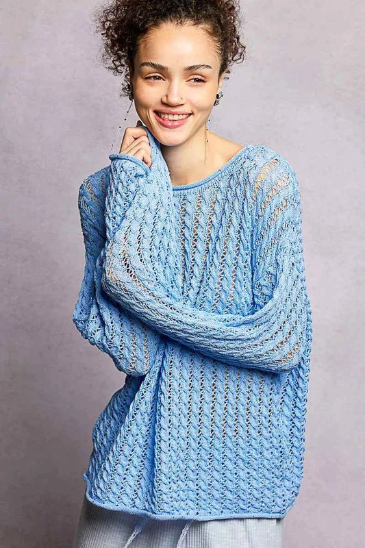 POL Openwork Round Neck Knit Top with Shiny Detail EVENING BLUE 0c8483f1-e988-4f3f-b2bc-7ed5a1a6ea9f-Max-Origin