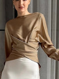 Ruched Long Sleeve Satin Blouse Taupe 0c8c04a5-e5a4-41d6-8230-237edd8ebb11-Max