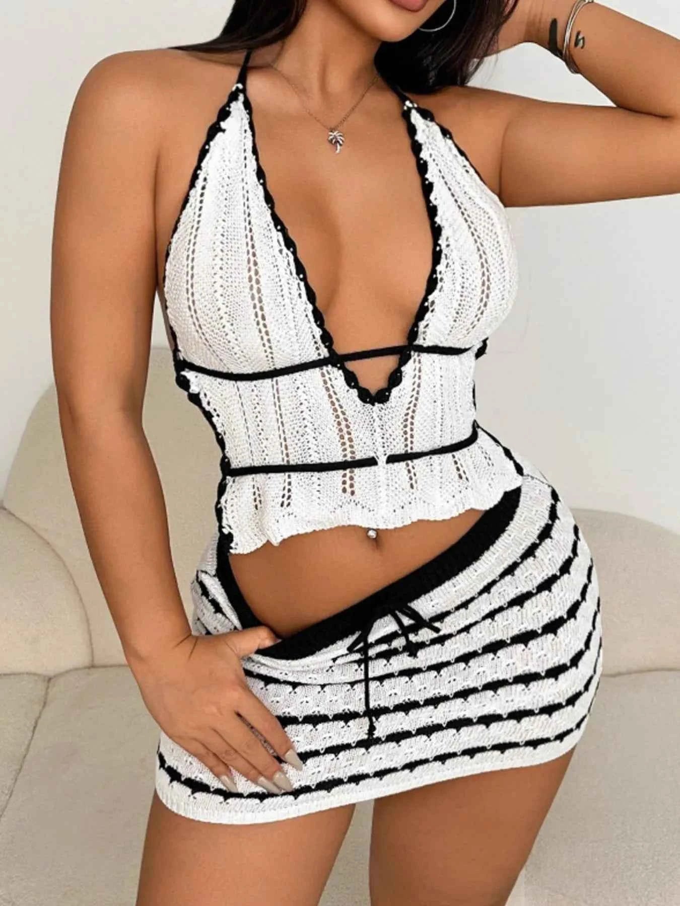 Openwork Halter Neck Cami and Skirt Sweater Set White 0c91f2eb-1225-495c-9aef-2d94c905acc2-Max-Origin