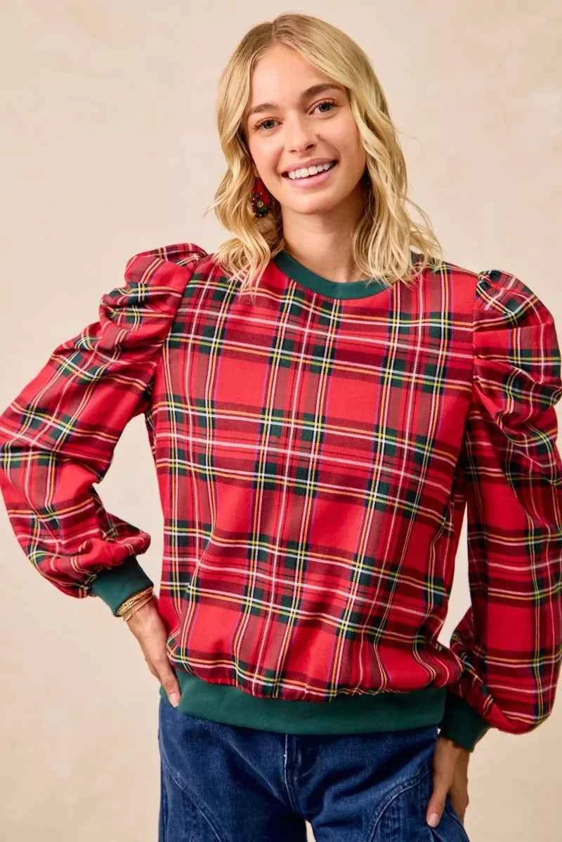 Christmas Plaid Exaggerated Shoulder Sleeves Top 0c929cdff61243e6b0eb5ab3e5a02d2b-Max-Origin