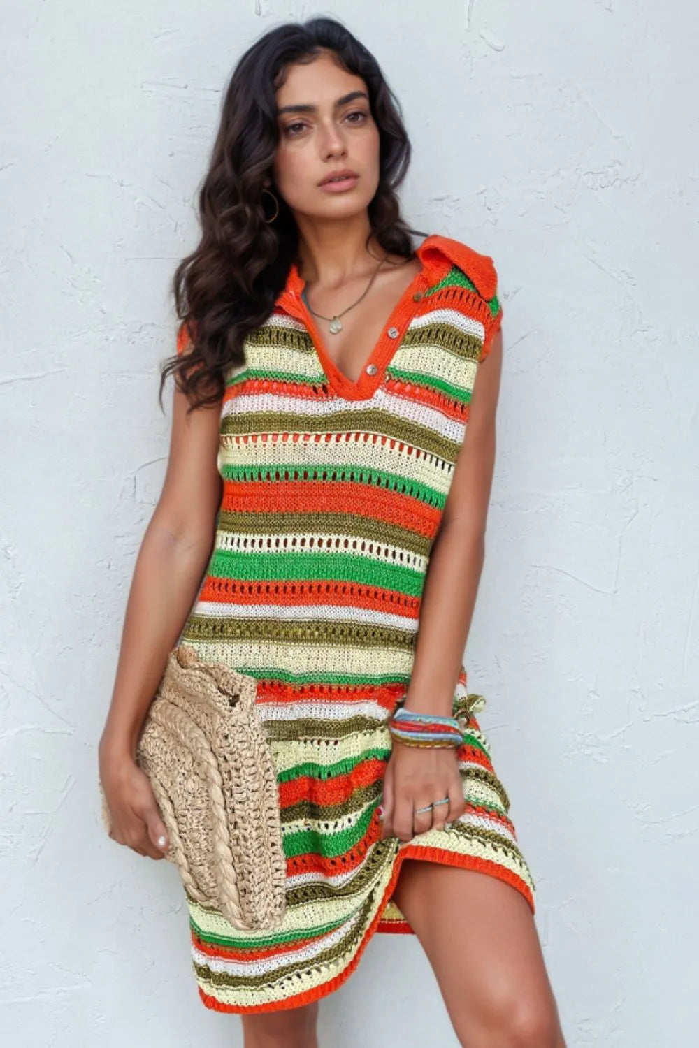 Openwork Stripe Sleeveless Sweater Dress Stripe 0c947641-3462-48e9-b0fa-0b916c8b4f32-Max