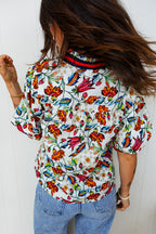 Multicolour Contrasted V Neckline Floral Puff Short Sleeve Blouse 0c9f25d427b7bdb7