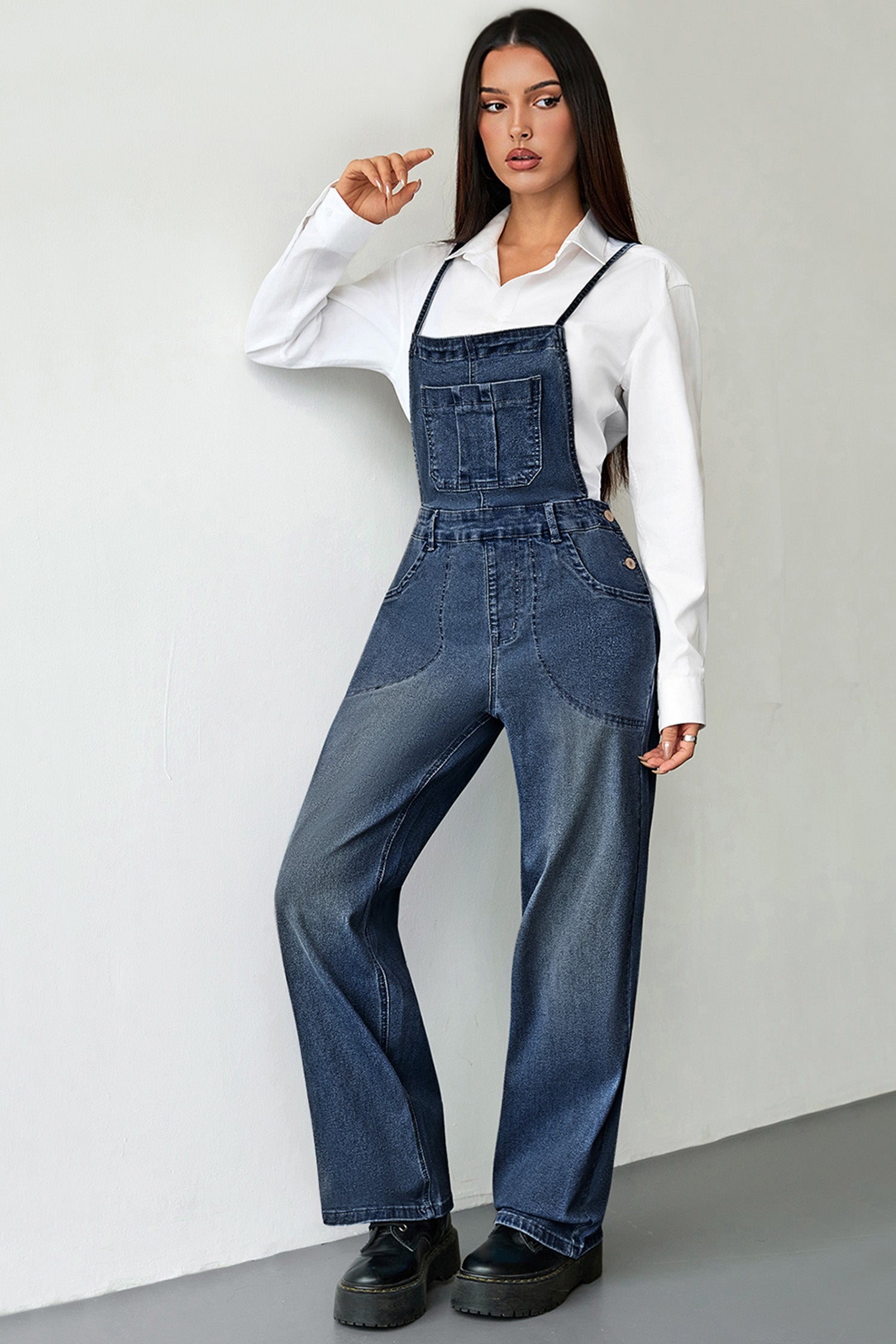 Dark Blue Crossed Tie Straps Bib Pocket Loose Denim Overalls 0c9f7bcc9649d0c1